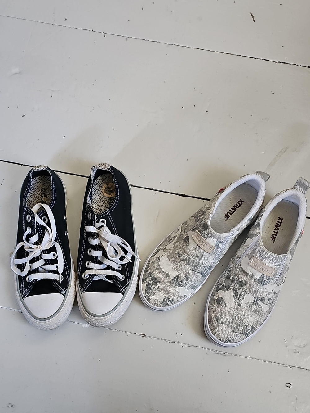 Black Canvas Womens Sneakers and Gray Camo Slip-Ons - Pair